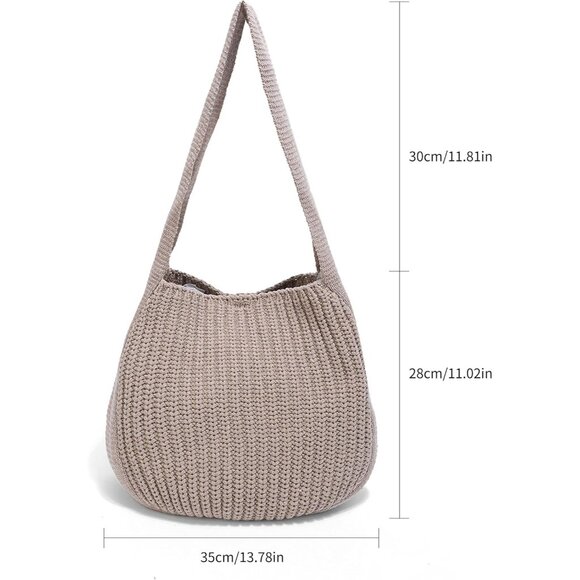 Women's Khaki Shoulder Handbags Crocheted Bags Large Knit Bag Tote Bag - Picture 2 of 9